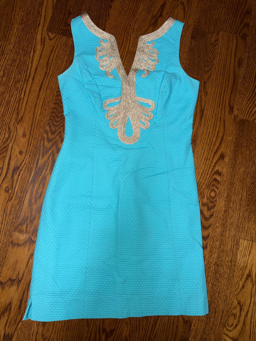 Lilly Pulitzer Turquoise Sheath Dress with Gold Embellished V-Neck